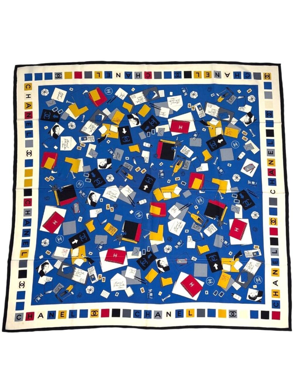 Chanel CC Logo Scarf Silk Blue Black Multicolor